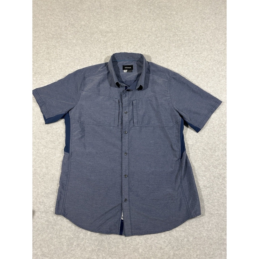 Marmot Shirt‎ Mens L Blue Short Sleeve  Button Performance Zip Pocket Hiking